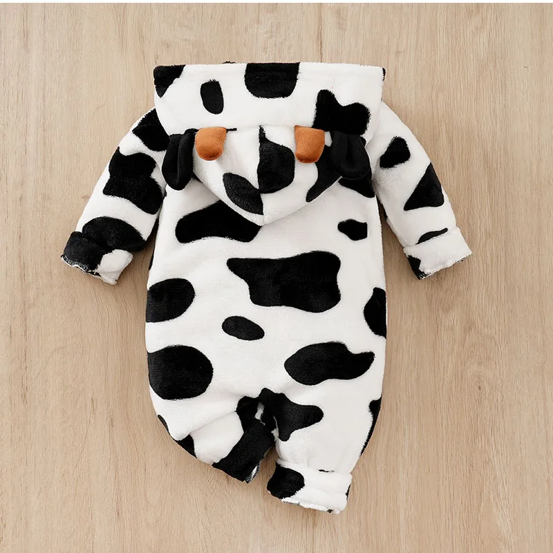 Baby Fleece Jumpsuit Cute Cow Thick Clothing Long Sleeved Warm Hooded Sweatshirt Newborn Outdoor Climbing Suit