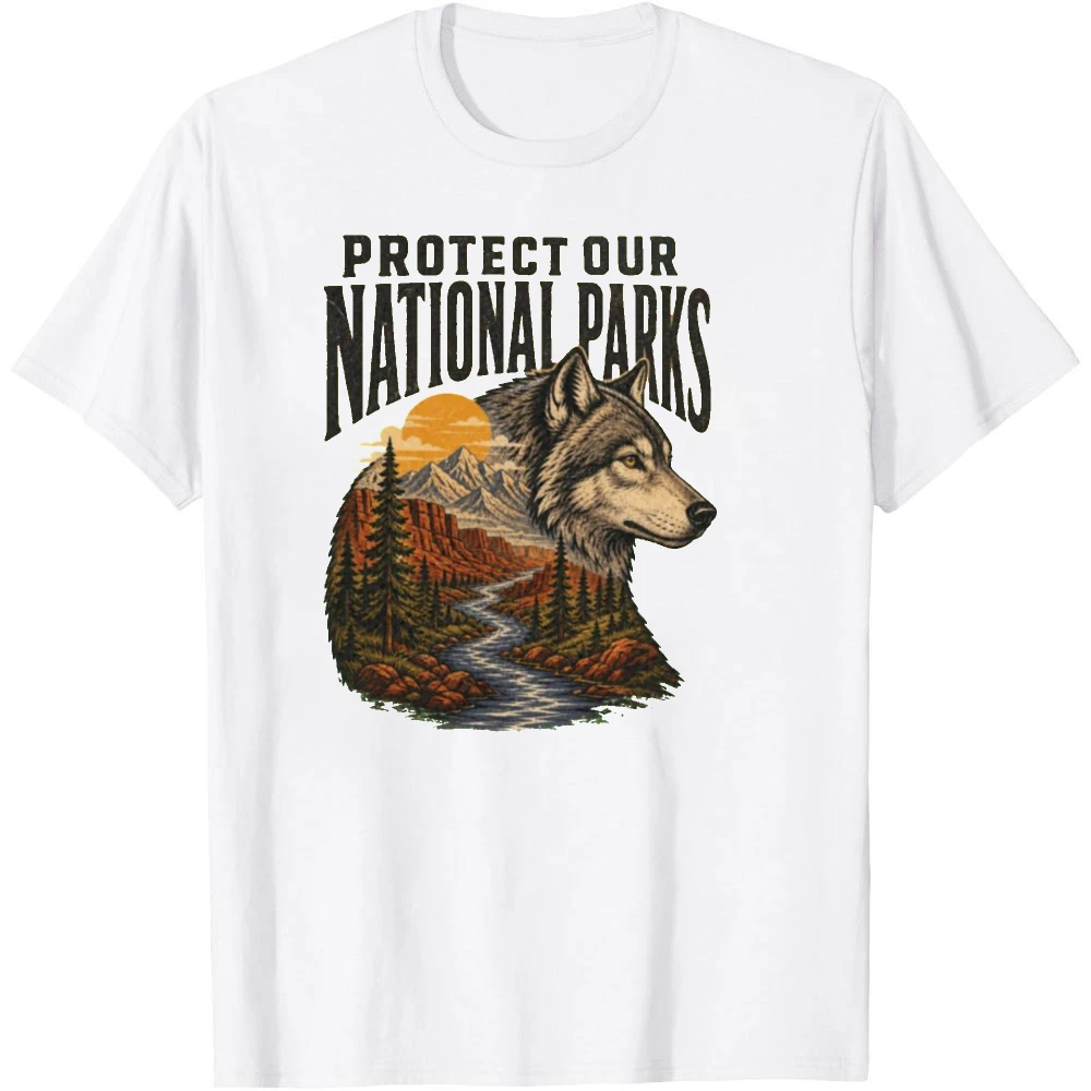 Protect Our National Parks T-Shirt Men Women Vintage Retro Wolf Mountain Nature Outdoor Stylish Casual Short Sleeve Tee