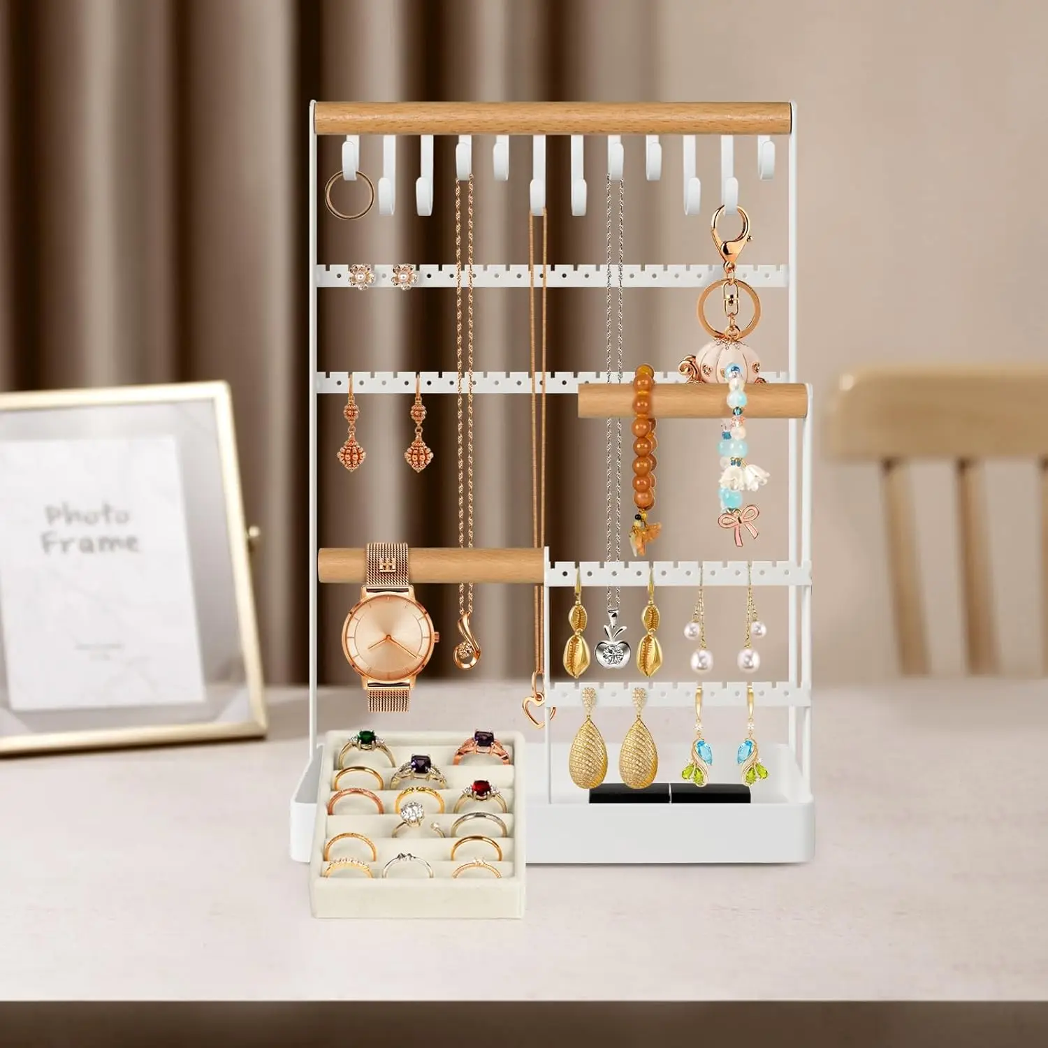 Jewelry Organizer Necklace Holder, 6-Tier Earring Display Rack with 12 Hooks for Bracelets, Rings, Watches