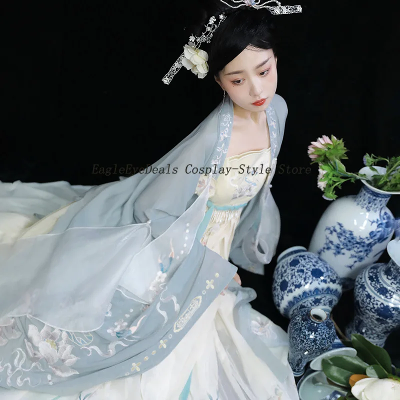 النمط الصيني الخريف المياه fuchu Hanfu الإناث تانغ نمط بلسم تنورة الحرير قميص كبير الأكمام ثلاث قطع مجموعة بدلة كاملة الطرف