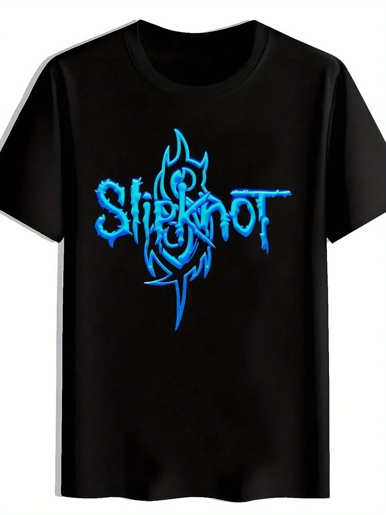 Men's Black Patterned Printed T-Shirt Blue Flame Design Round Neck Short Sleeve Summer Tee Polyester Top For Rock Music Fans