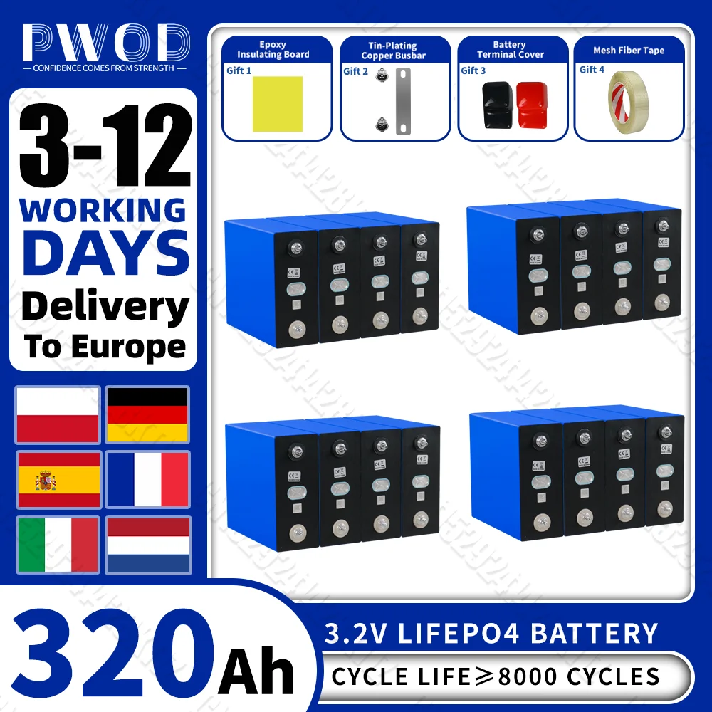 PWOD 16PCS 3.2V 320AH Lifepo4 Battery 8000 Cycle Rechargeable Batteries DIY 12V 24V 48V RV EV Boat Golf Cart Yacht Van Cell Pack