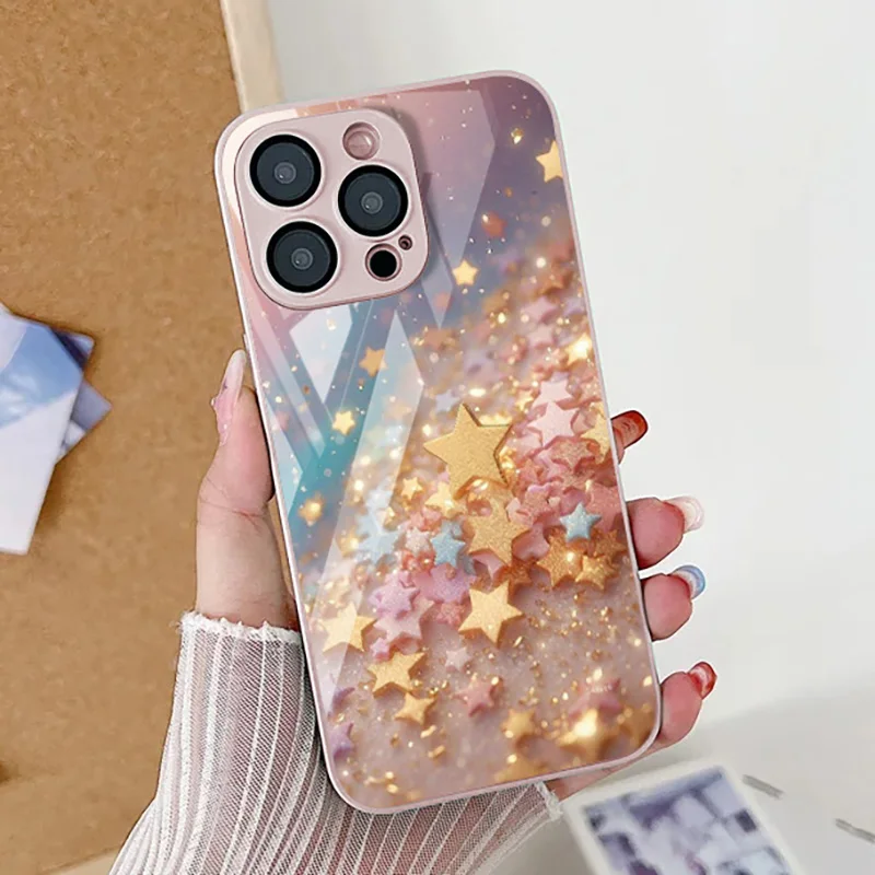 Etui ze szkła hartowanego Stars and Moon do iPhone'a 12 Etui iPhone 14 15 11 13 Pro Max X XR XS Max 7 8 14 15 Plus SE 2020 Cover Funda