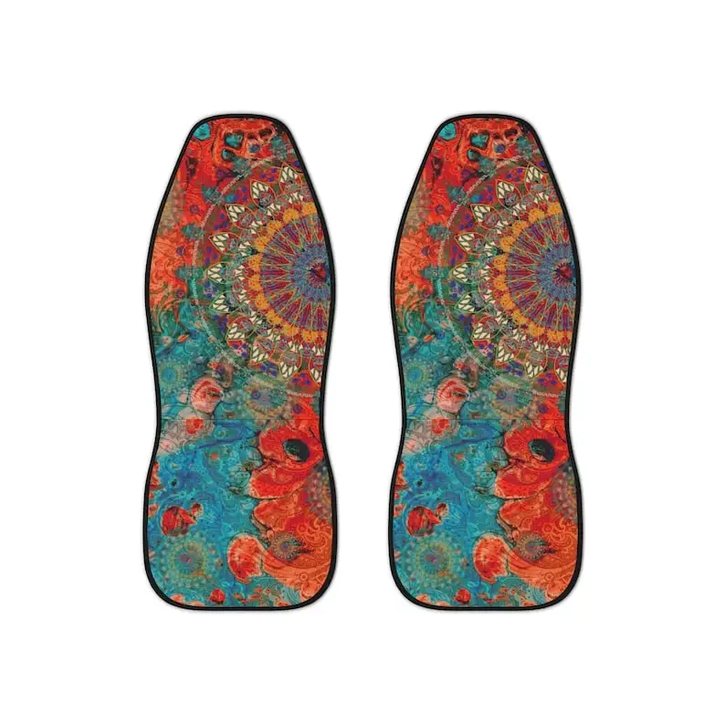 Celestial Mandala Car Seat Covers for Vehicle, Set of Two, Rust Orange and Teal Boho Car Accessories for Women, College