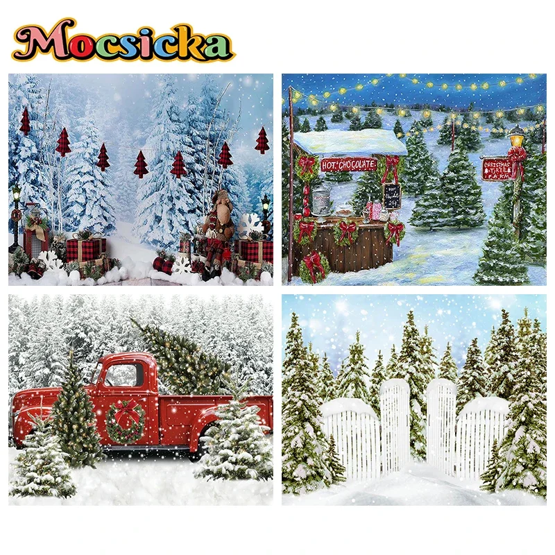 

Mocsicka Winter Christmas Decoration Photography Background Xmas Trees Shine Lights Forest Snowflake Car Photos Backdrop Props
