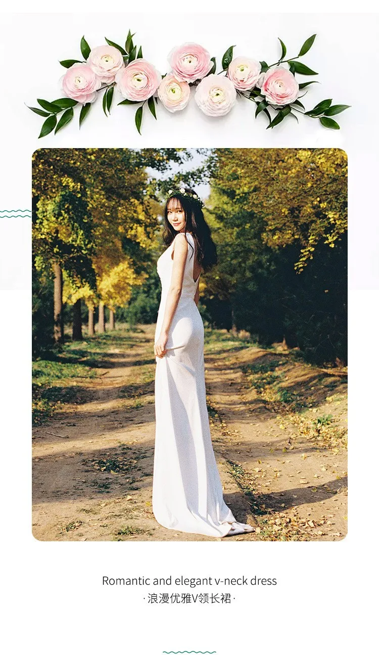 스트레치 새틴 라이트 웨딩드레스 모리 스타일 2024 신상 머메이드 여행 촬영 심플 외출 베일 트레일링 미니 드레스