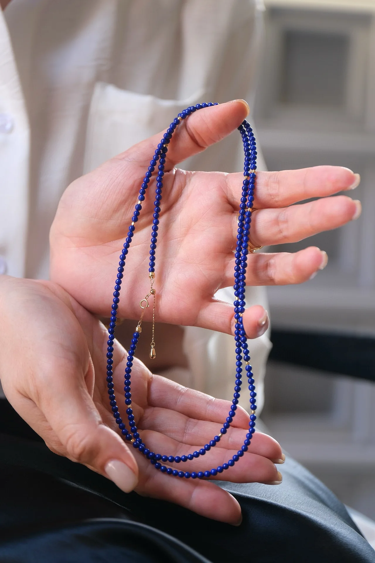 

18k Gold Natural Lapis Lazuli Necklace, Stacked Wearing Long Bead Chain, Imperial Blue, High-end Klein Blue Sweater Chain