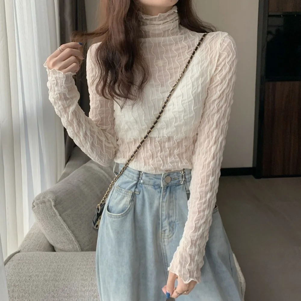 أزياء الصيف واقية من الشمس الدانتيل أعلى الحلو رقيقة شبكة منظور أعلى فضفاضة طويلة الأكمام جوفاء أعلى #5