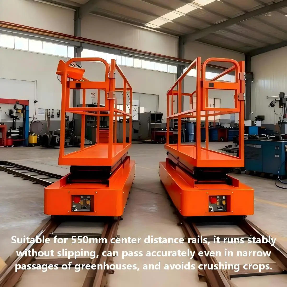 Farm Use Small Electric Driving Scissor Lift Table Pipe Rail Greenhouse Trolley for Agriculture Picking Tomato