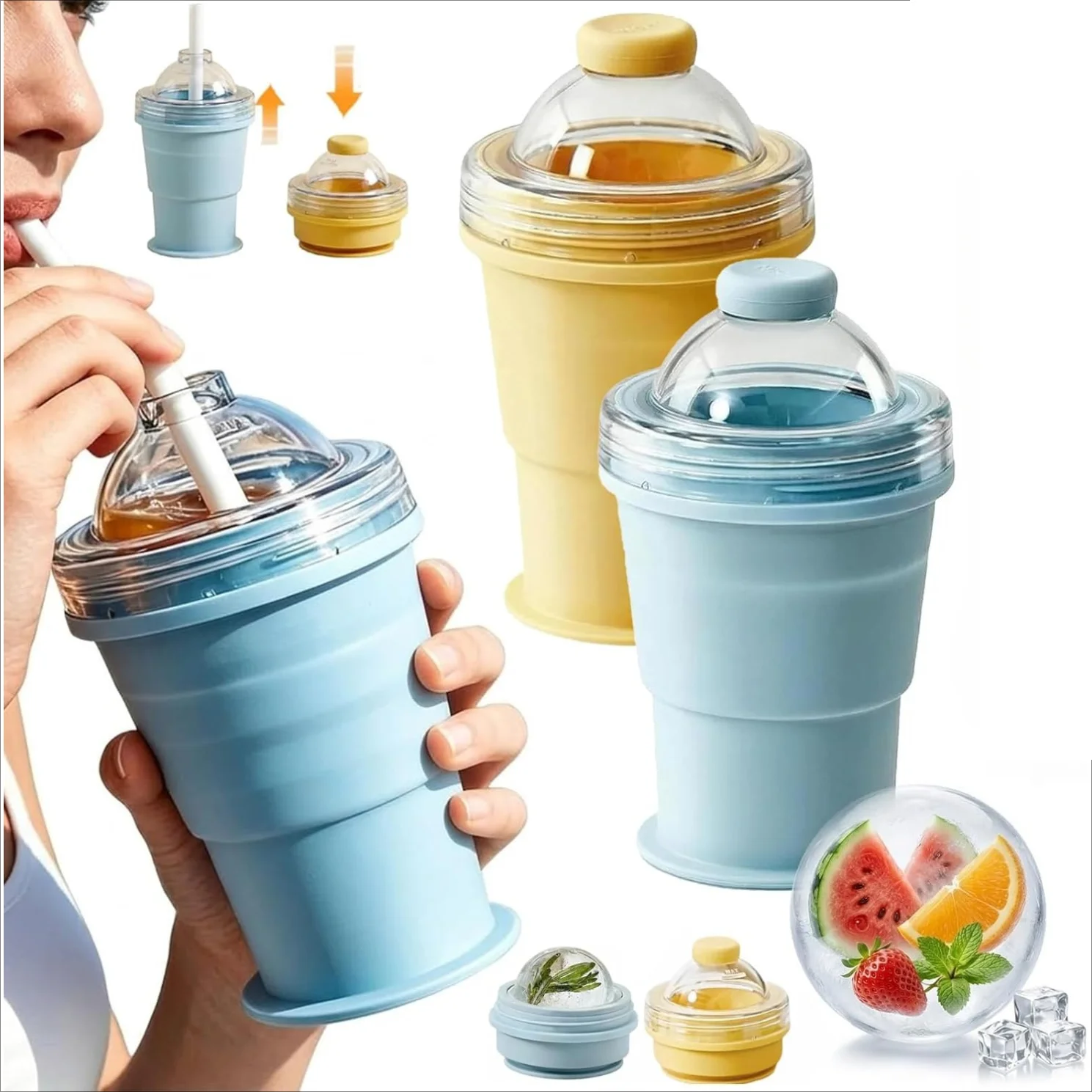 Tragbarer & Faltbarer Eisball-Becher mit Strohhalm, Lebensmittelechte Silikon-Eiswürfelform, Sommer-Outdoor-Reise-Trinkbecher, Eiswürfel-Zubehör