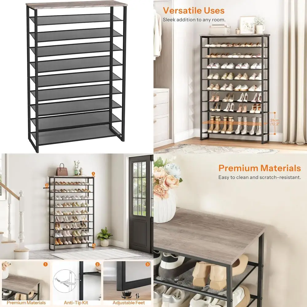 

10-Tier Shoe Rack, 39.4 Long, Large Shoe Storage Organizer for Entryway, Holds 45-50 Pairs, Greige and Black