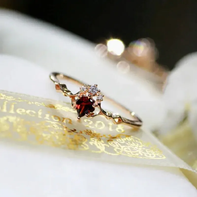 S925 Sterling Silver Gold Plated Natural Garnet Gothic Ring Japanese Style Women Hypoallergenic Artisan Luxury Boho Unique Craft