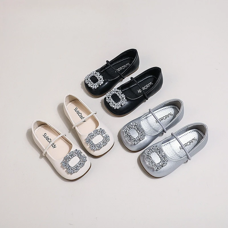 

Girls French Style Square Toe Ballet Flats Rhinestone Slip Shoes, Soft Sole Comfort Kids Princess Shoes for Toddler Little Girls