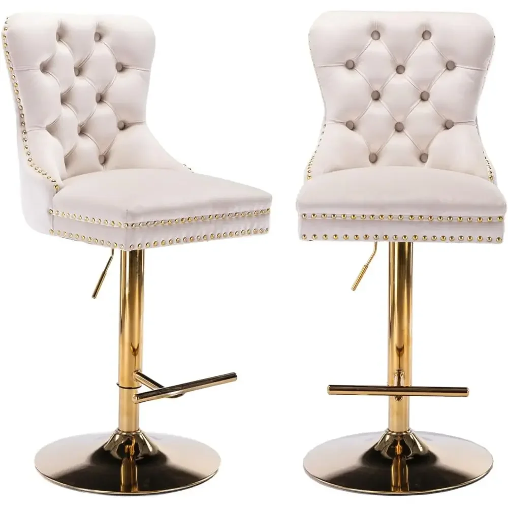 

Set of 2 Swivel Bar Stools with Tufting, Velvet Upholstery, and Gold Metal Base for Kitchen Island and Pub Counter (Beige)