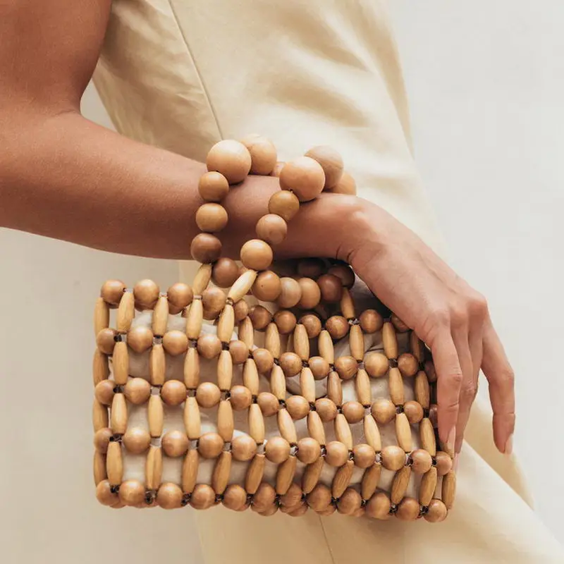 Sac à main tissé en paille pour femmes, fourre-tout de grande capacité, sac de plage en perles de bois, sacoche de vacances à la mode, été