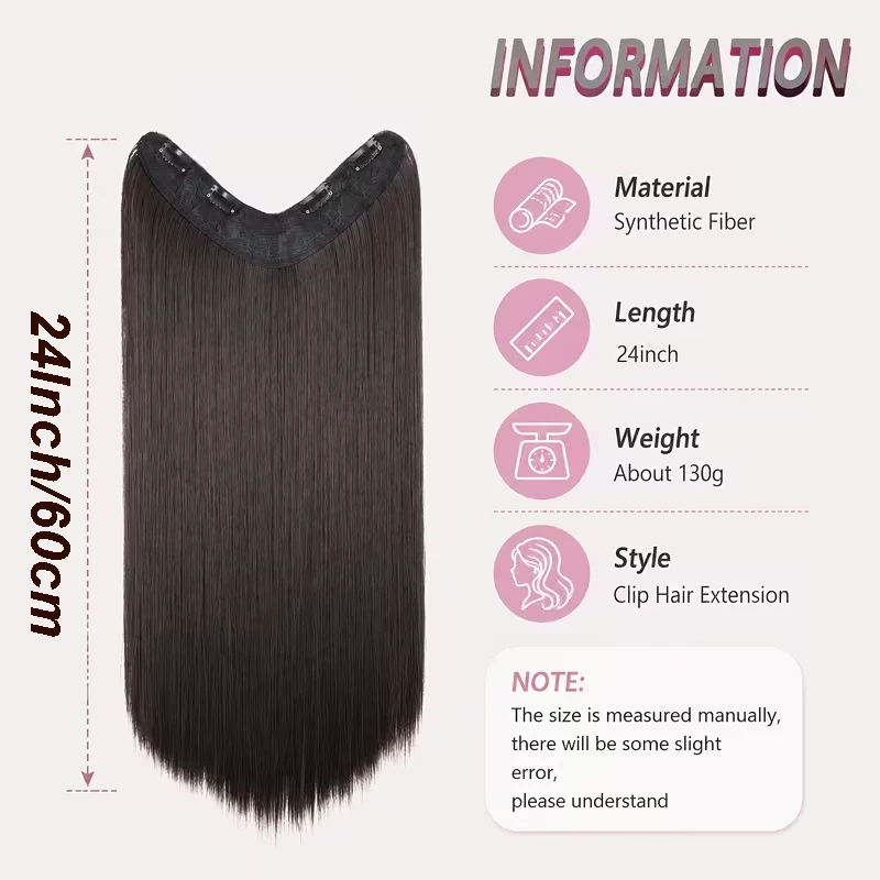 24Inch Long Straight Synthetic Clip In Hair Extensions V-Shape One Piece Fiber Hairpiece for Women Increase Volume Thick Hair