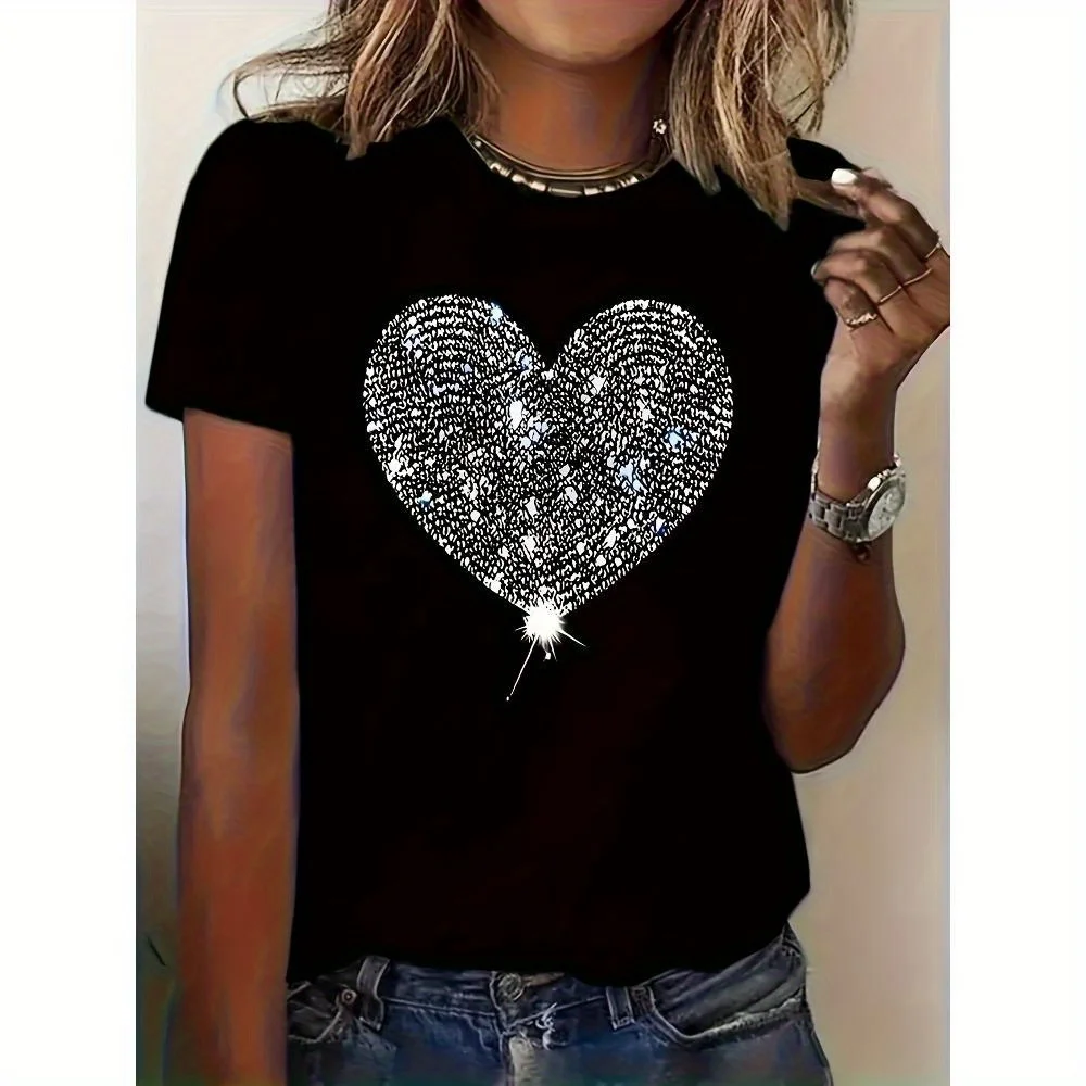Camiseta estampada en forma de corazón Top deportivo informal de manga corta con cuello redondo de algodón para las cuatro estaciones