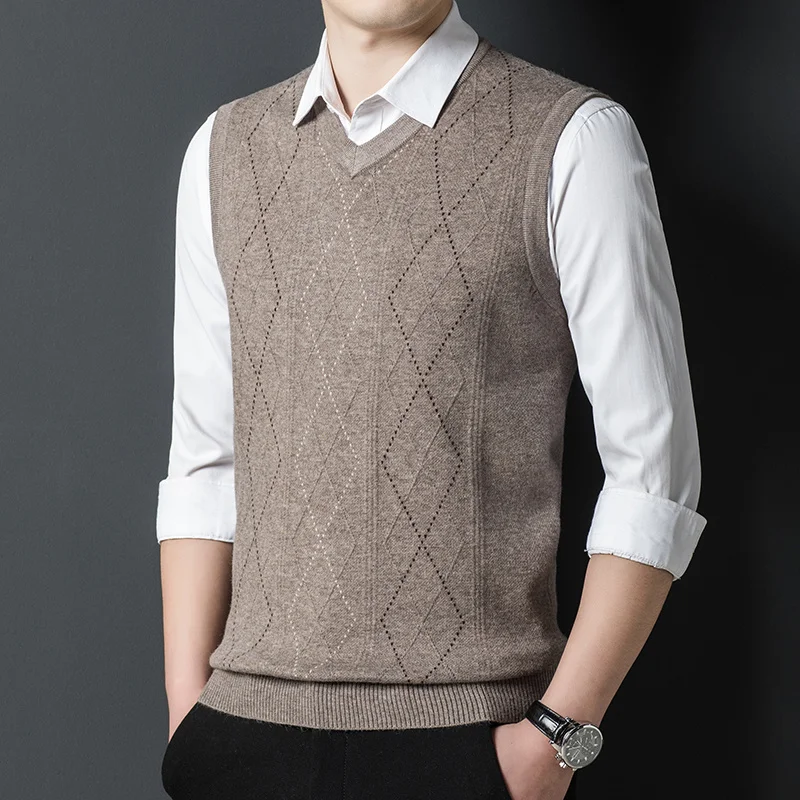 knitted Men's vest V-neck sleeveless sweater warm vest diamond jacquard casual waistcoat