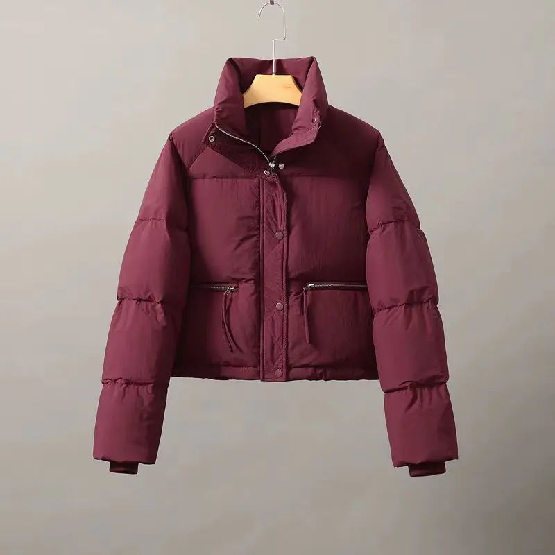 

Women's Korean Down Cotton Coat Short Tops Stand-up Collar Petite Cotton Jacket Bread Jacket Simple Loose Zip Outerwear Solid
