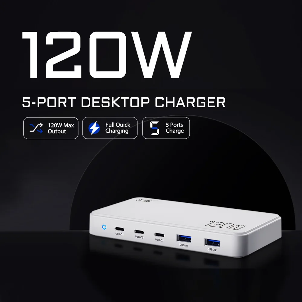 

120W TYEP-C USB Charger 5 in 1 Gallium Nitride Fast Charging Compact Charger for MacBook Pro/iPad Pro/ iPhone Series