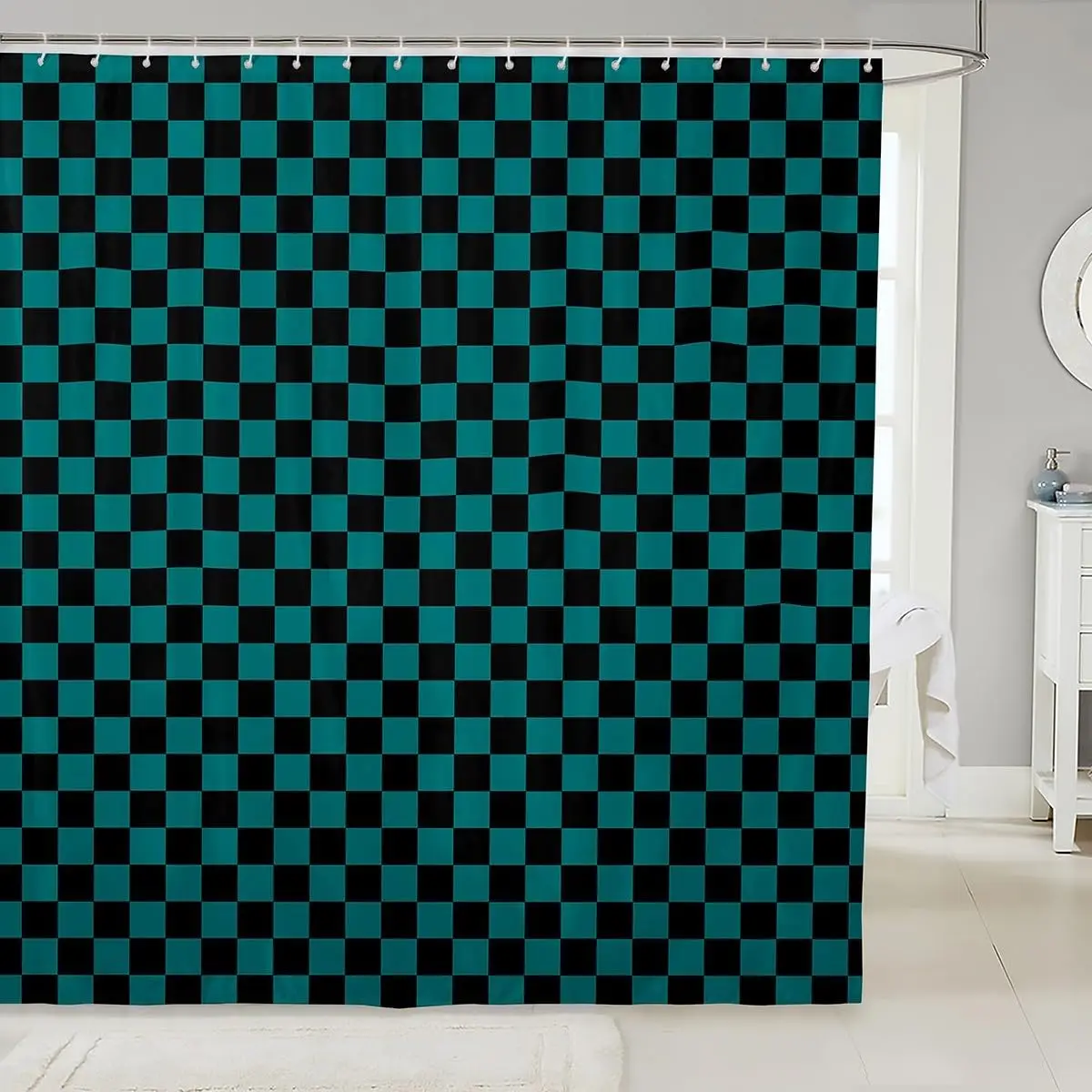 

1pc Kids Teal Checkerboard Shower Curtain for Bathroom Decor 72" L x 72" W Plaid Geometric Bath Curtain for Boys Girls Retr