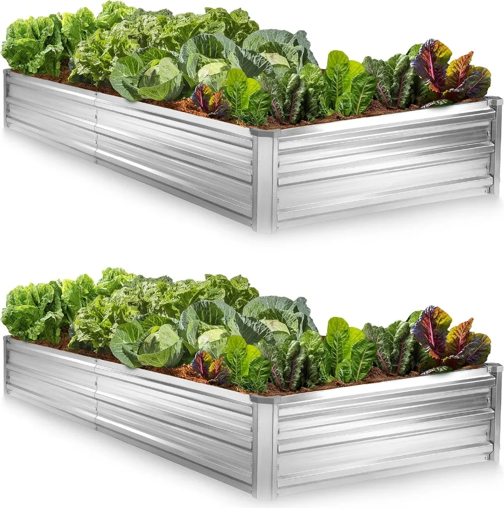 

8×4×1 Ft (2-Pack) Planter Raised Beds for Gardening, Vegetables,Flowers // Large Metal Garden Box (Silver) // Tool-Free Assembly