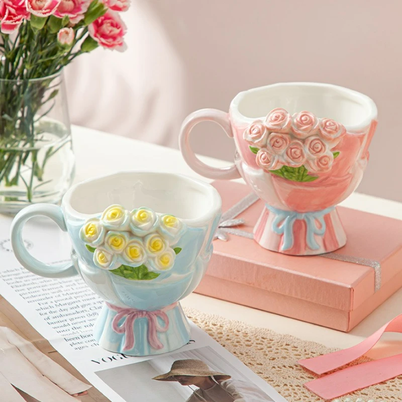 

Creative Pink Flower Ceramic Coffee Cup Cute Teacup Breakfast Milk Mug Home Decoration Homehold Decoration Gift Water Cup New