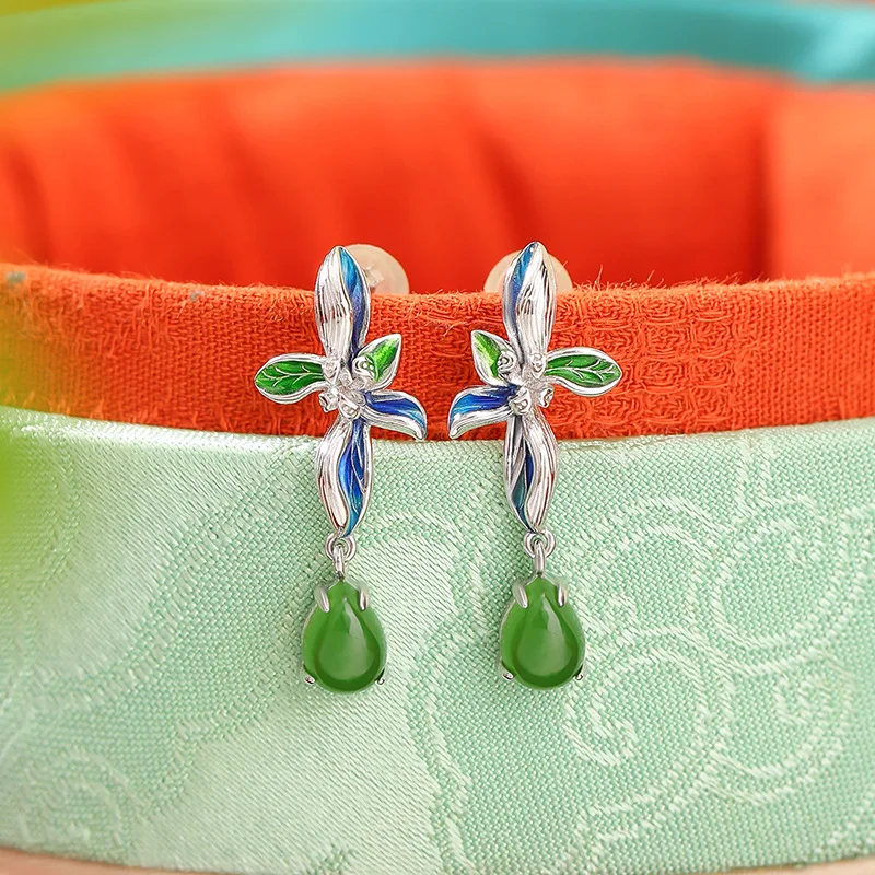 S925 Silver Hetian Jade Vintage Cloisonné Orchid Drop Enamel Earrings
