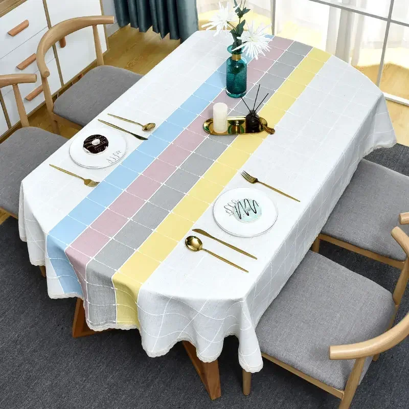 

Tablecloth Oval with Lace for Farmhouse, Colorful Linen Table Cover, Plaid Stripe, Modern Style, Home Decorative Cloth, 188cm