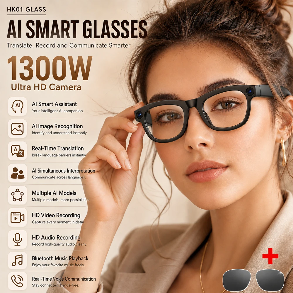 New Fashion Smart Office Glasses 13MP Camera Video Recording Real-time Translation AI Office Learning Glasses + Free Lenses