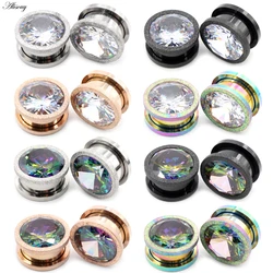 Alisouy 2pcs Stainless Steel Frosted Scrub Zirconia Crystal Ear Tunnels Plugs Expander Stretcher Gauges Body Piercing Jewelry