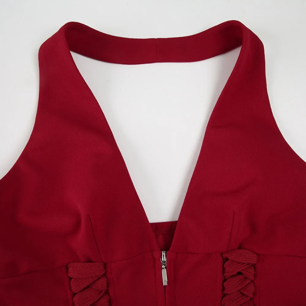 

Топ-халтер с глубоким V-образным вырезом, без рукавов, с завязками на талии, однотонный, в корейском стиле Y2K, облегающий, женский, для танцев