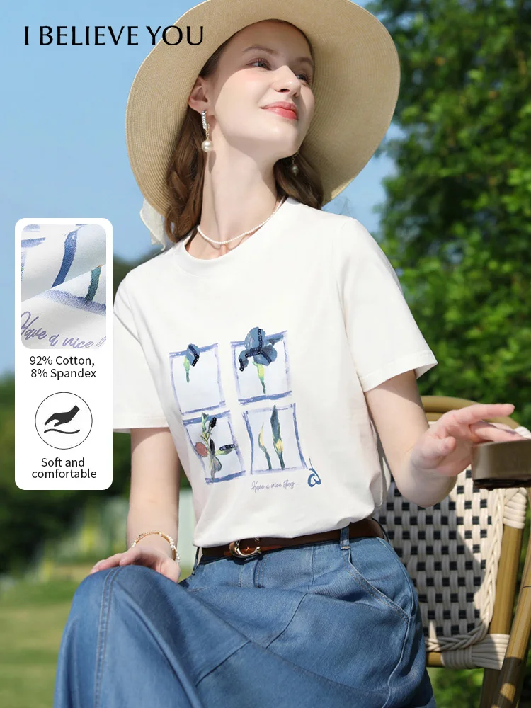 I BELIEVE YOU Women's Top Oil Painting Sequin Embroidery Round Neck 2026 New Summer Commuting Short Sleeve T-shirt 2252015995