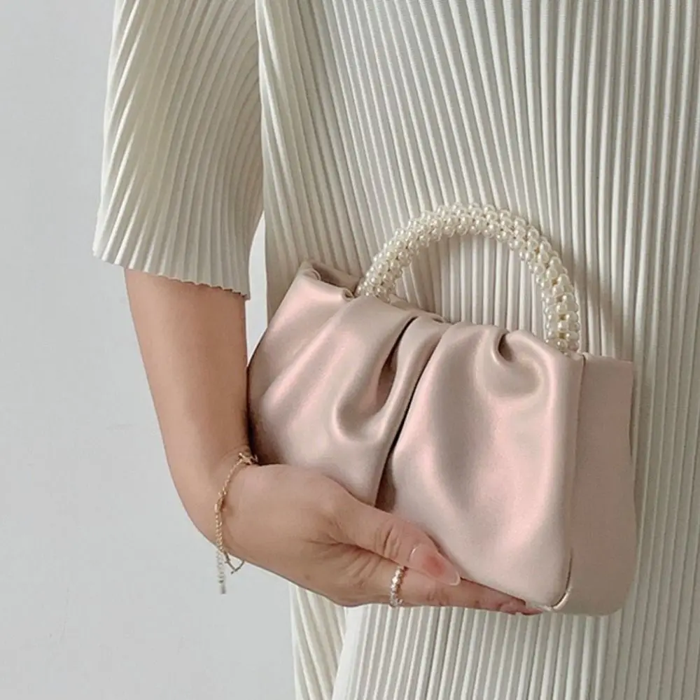 

PU Pleated Cloud Bag Carrying Large Capacity Pearl Handle Handbag Lightweight Minimalist Women Crossbody Bag Female Lady Girl