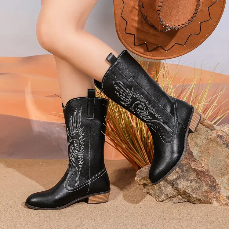 2026 Retro V-Notch Mid-Calf Knight Boots Autumn/Winter Women Slip on Embroidered Chunky Heel Pointed-Toe Western Cowboy Boots