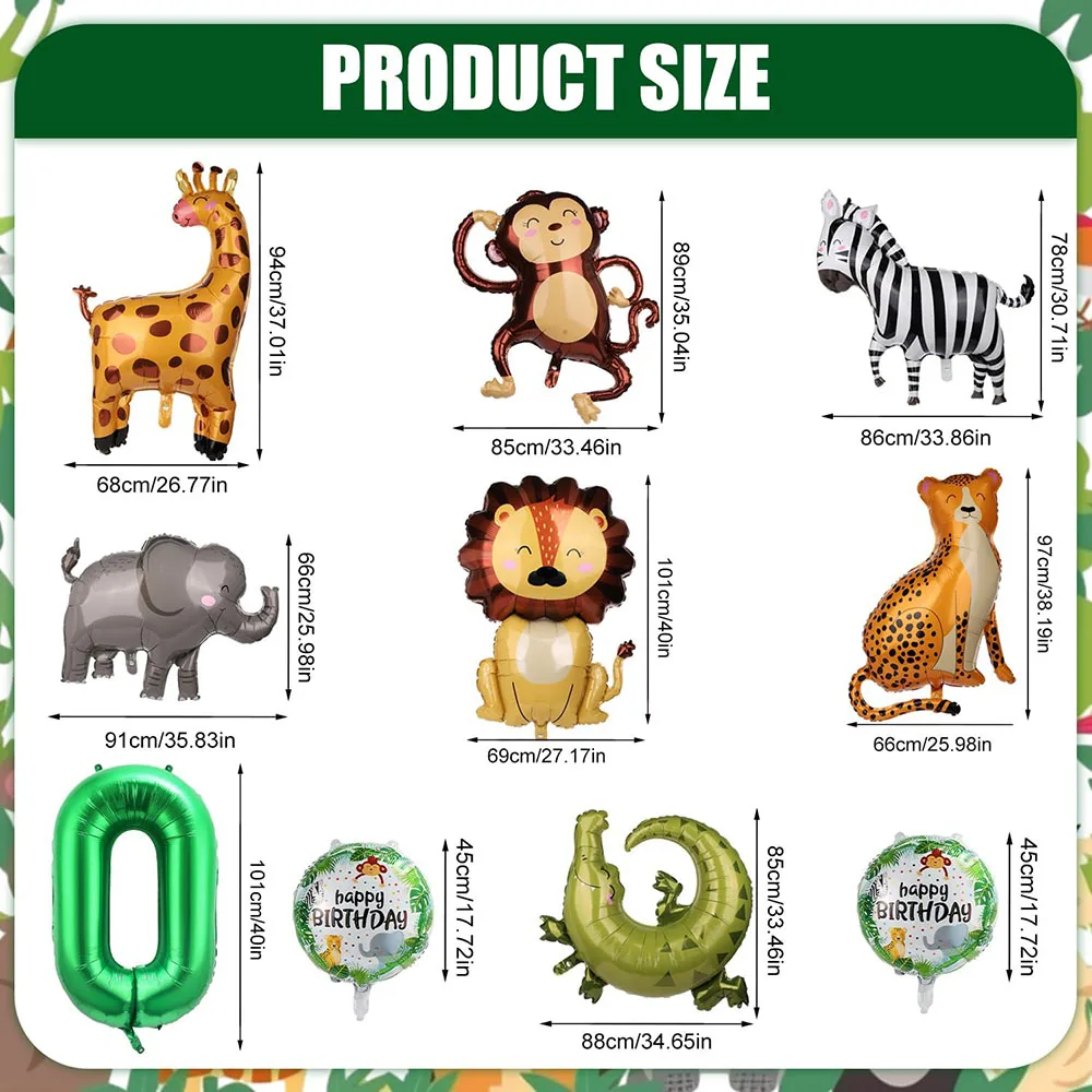 10 Jungle Wild Animal Balloons, Cute Jungle Theme Zoo Party Supplies Monkey Elephant Zebra Leopard Print Crocodile Giraffe Shape Suitable for