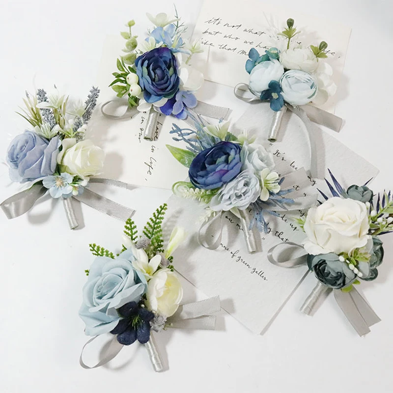 Dusty Blue bunga buatan pernikahan Boutonniere korsase pengiring pengantin pria buatan tangan aksesoris gelang pin pernikahan