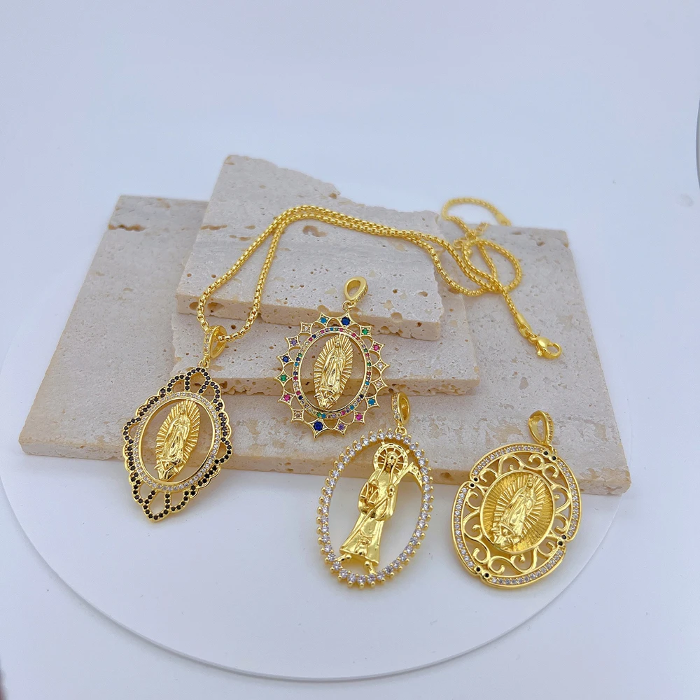 5 pcs/lot Gold Plated 3D Virgin Mary Pendant with CZ ZirconHollow Openwork Religious Charm for Necklace Making Unisex Gift