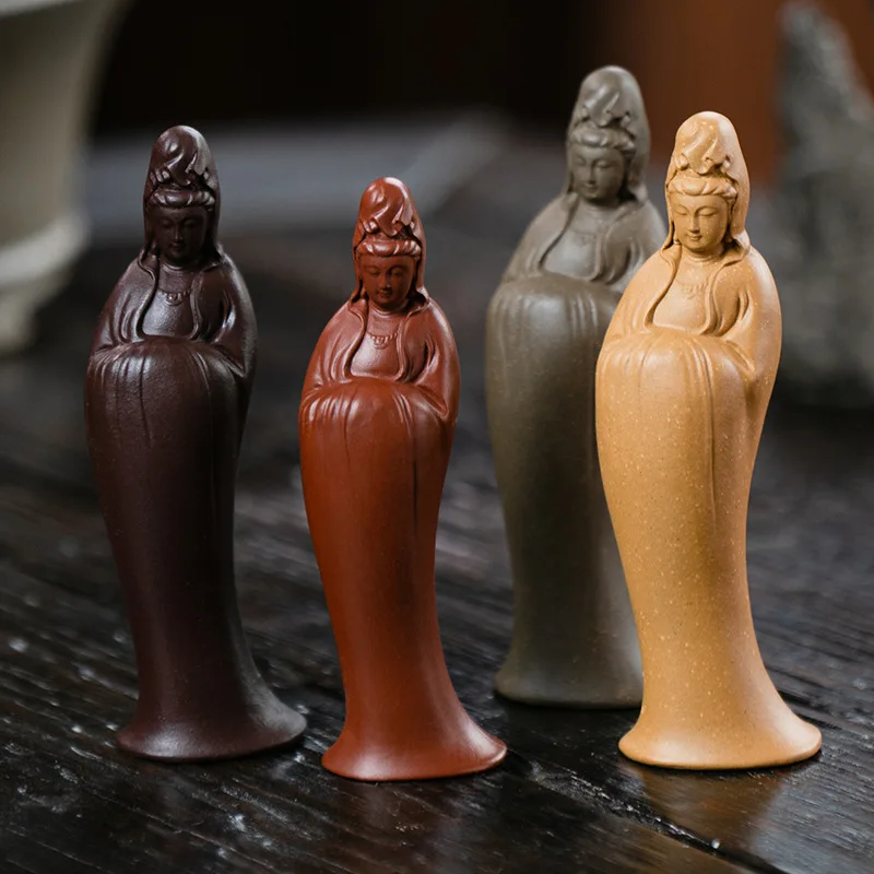 Zisha Tea Pet Zizai Guanyin Small Ornament Handmade Figure Buddha Statue Sculpture Ceramic Tea Play Accessories