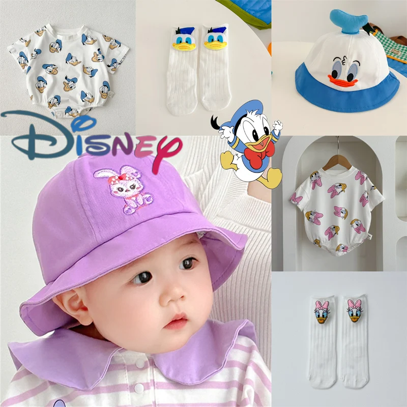 Disney Cartoon Donald Duck Short Sleeve Triangle Wrap Fart Clothes Daisy Duck Baby Hat Socks Soft Cotton Clothing Suit Gifts