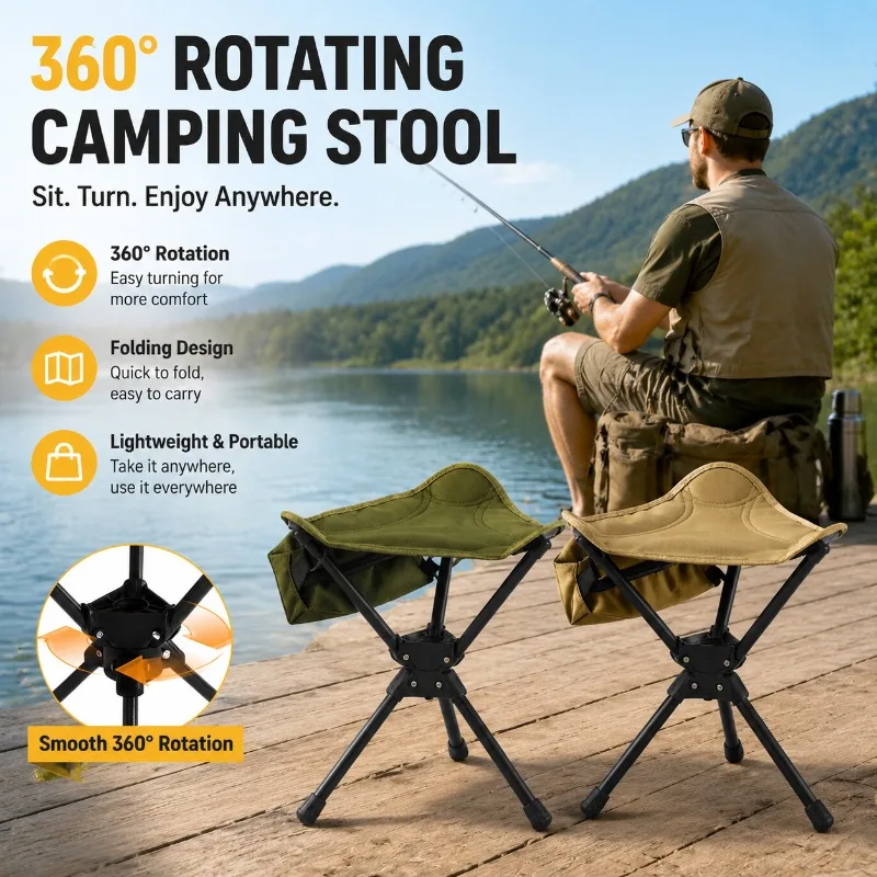 360° Swivel Folding Tripod Stool Portable Outdoor Mazar Chair for Mountaineering Hiking Fishing Barbecue Picnic and Art