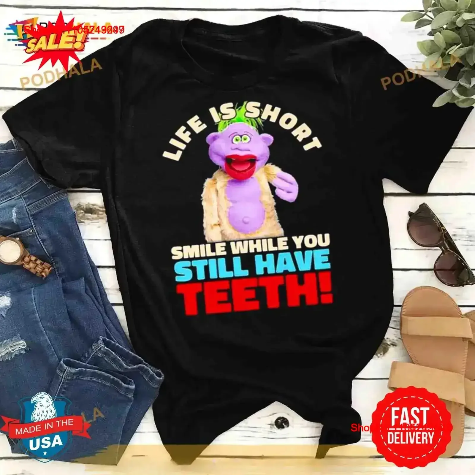 Peanut Jeff Dunham life is short smile while you still have teeth T Shirt vintage Washed homme Soft fashion Comfortable