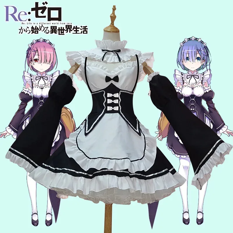 Anime Ram Rem Cosplay Re:zero Kara Hajimeru Isekai Seikatsu disfraz negro niñas traje de sirvienta mujeres delantal vestido disfraces de Halloween