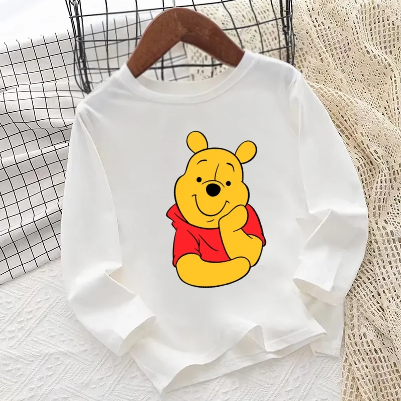 ويني ذا بوه لطيف الدب تيجر طباعة الكرتون الاطفال تي شيرت طويل الأكمام الخريف طفل الفتيان الفتيات ملابس الأطفال عادية تي شيرت