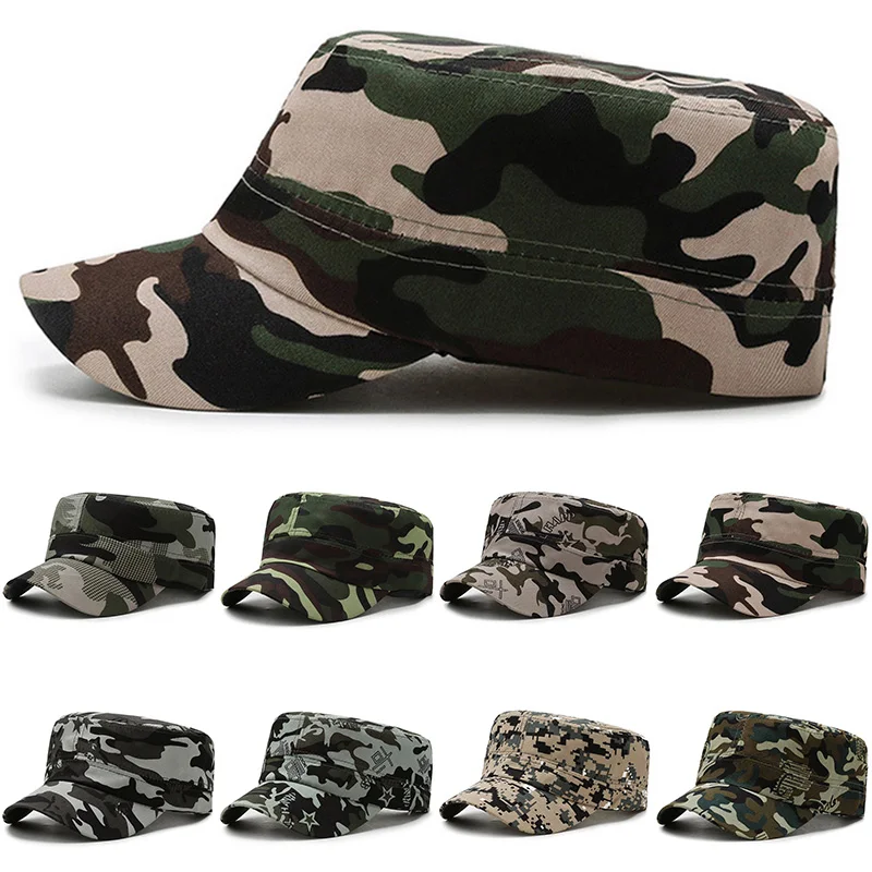 New 1Pcs Camouflage Baseball Caps Cadet Flat Top Hat Fishing Hat Outdoor Men Women Snapback Hat Adjustable Sun Hats Fashion Hats