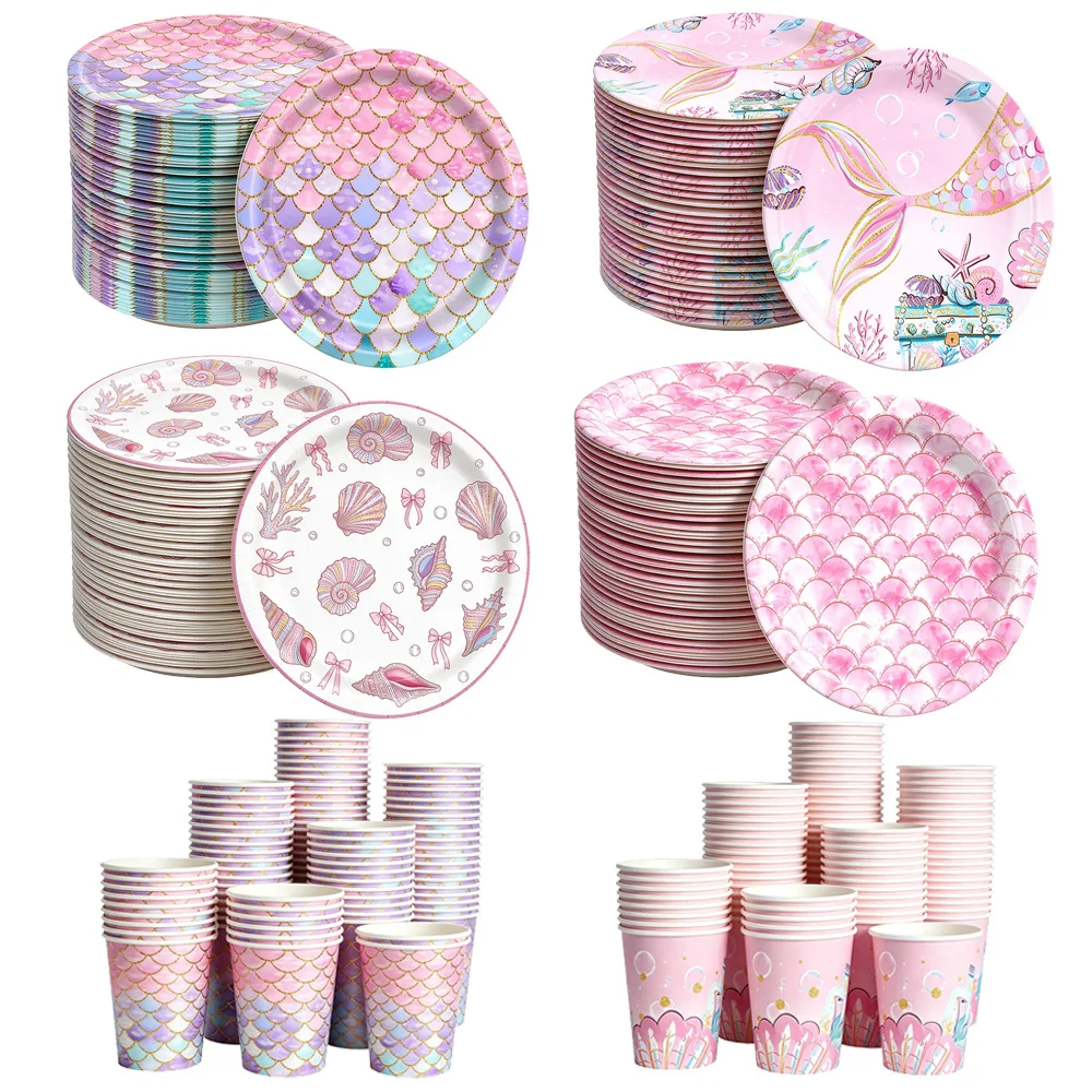 10-100pcs Mermaid Disposable Tableware Pink Mermaid Scale 7/9inch Paper Plates Paper Cups Birthday Under The Sea Party Decor