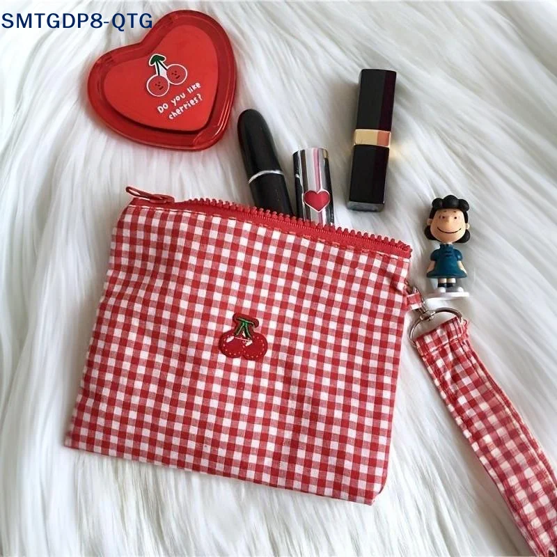 NEW Red Cherry Canvas Makeup Bag Portable And Easy To Carry Red Plaid Large Capacity Cosmetic Lipstick Storage Bag