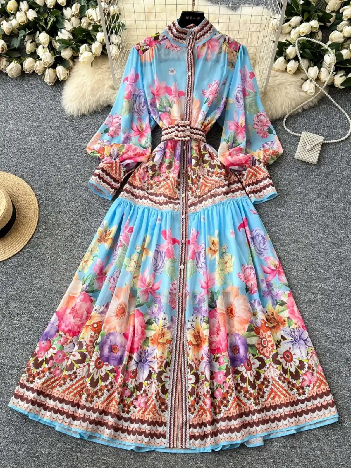 

Элегантное длинное шифоновое платье Ral, женское летнее осеннее праздничное свободное платье с большим 2 шт., макси-платье с длинными рукавами и дворцовым принтом