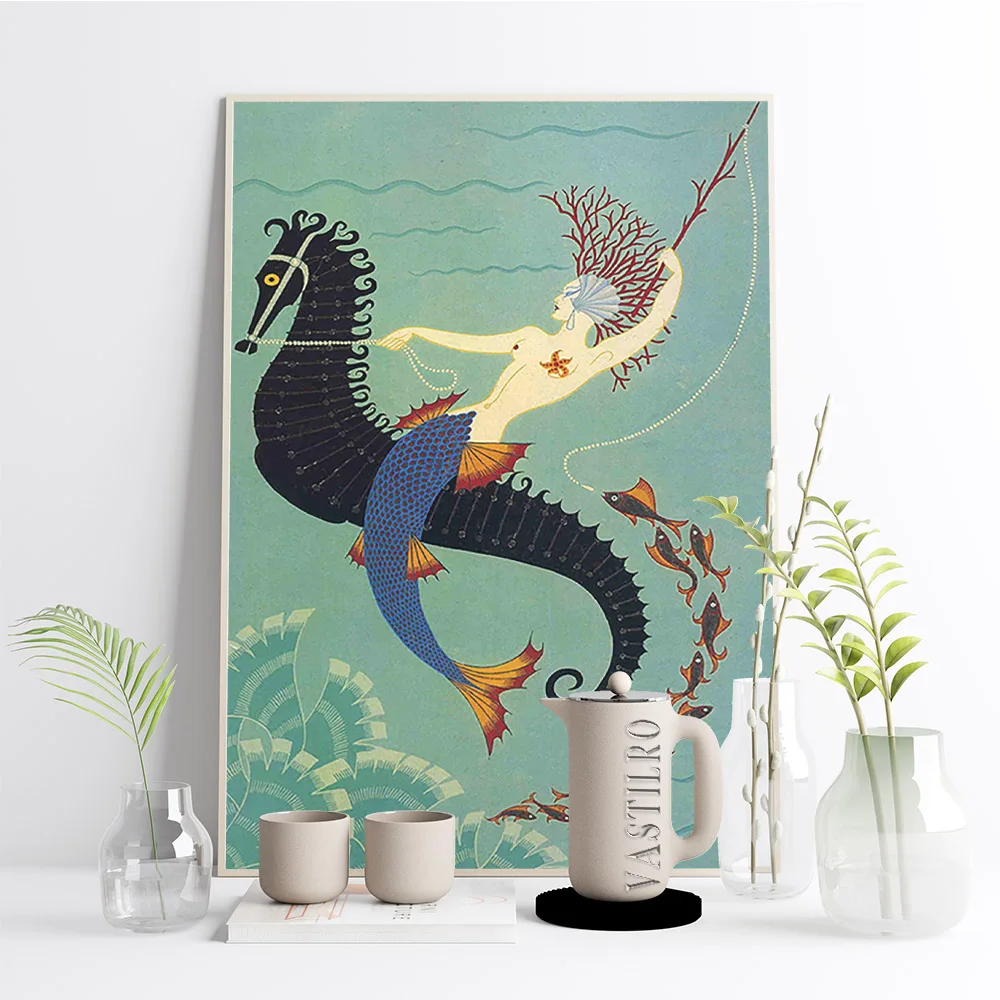 Erte Matted Vintage Poster Mermaid Canvas Painting Ocean Seahorse Fish Wall Art Print Picture Bathroom Decor