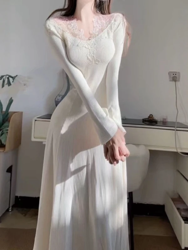 Gentle Wind Beautiful Lace V-Ne Knitted Dr Waist-Cinched Long Skirt Autumn Cotton Elastic Medium Softn Ci Commute